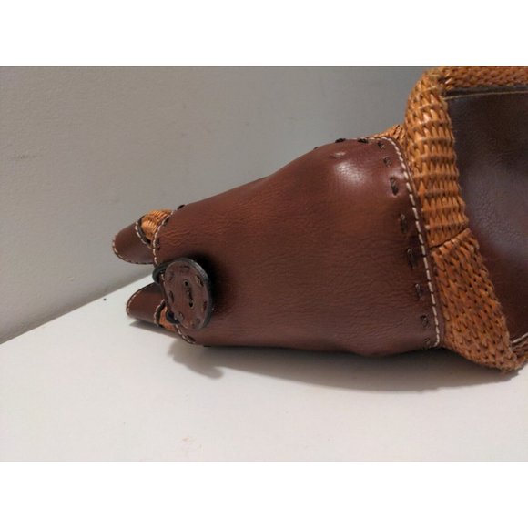 Fossil Woven Straw & Leather Tote Purse #76082 Tan & Brown - Picture 4 of 9